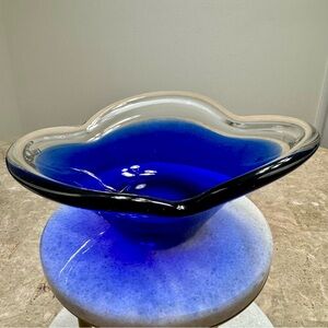 Vintage Murano Cobalt Blue Clear Glass Art Decor Centerpiece Bowl